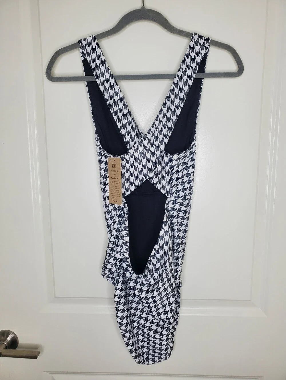 Albion Shell Shock Black Houndstooth Printed Criss Cross One Piece Swimsuit
